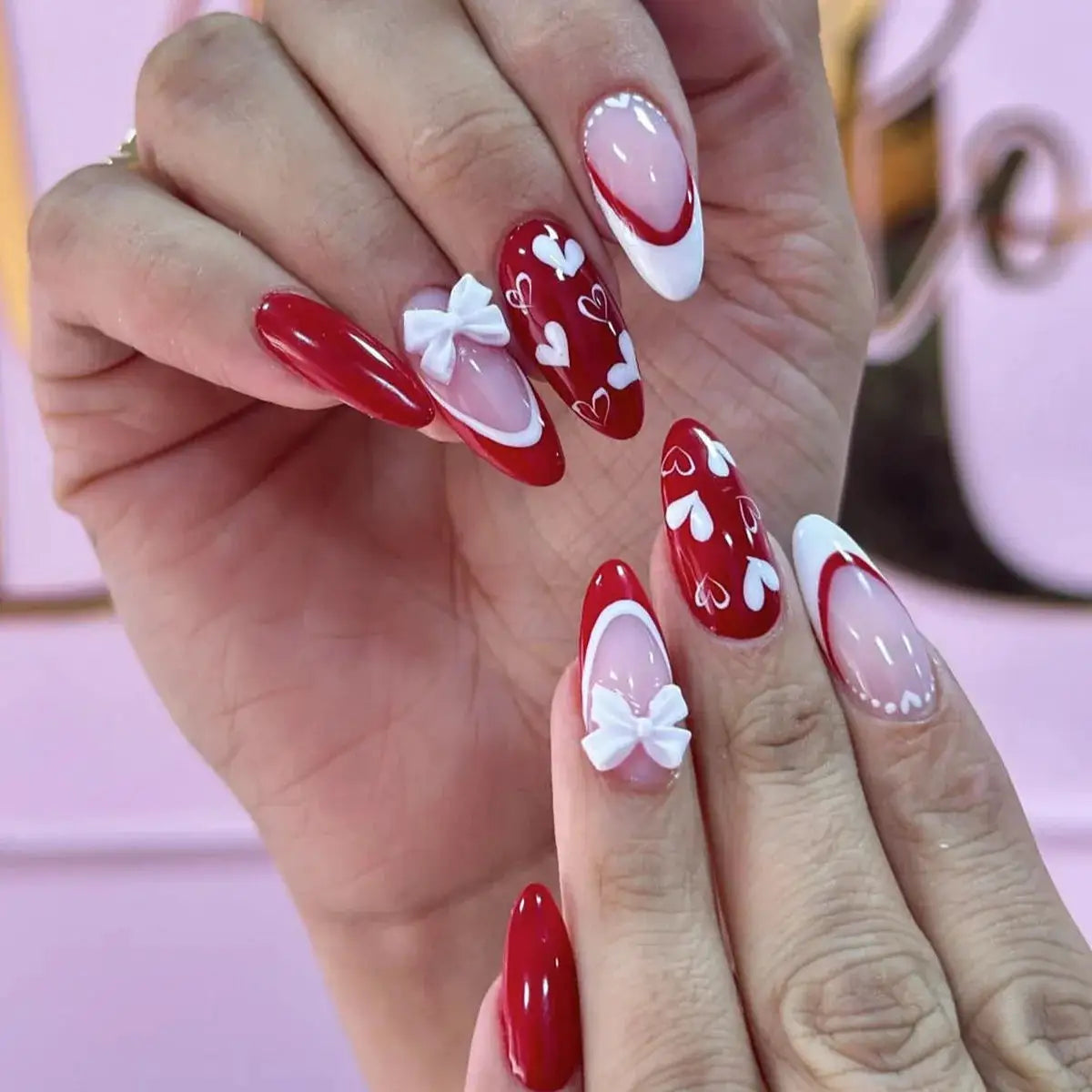 GlamNail Pink Almond Press On Nails Full Coverage Carved Flower 3D Ripple French Tips Golden Pearl Finish