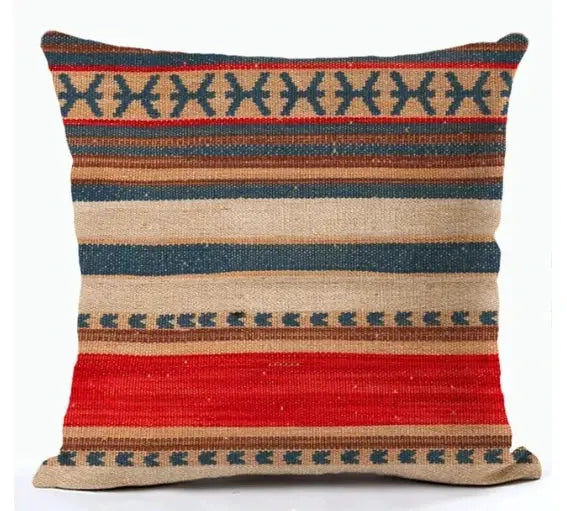Bohemian linen cushion cover by Simples Market with multicolor abstract ethnic geometry print for living room sofa.