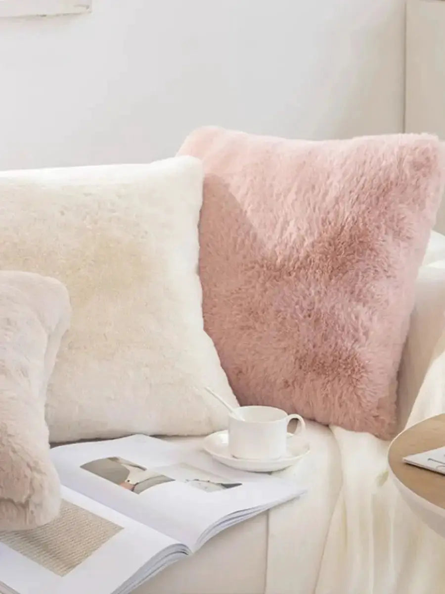 Plush faux fur throw pillow covers, pink and cream, ultra-soft decorative cushions, 2 pieces