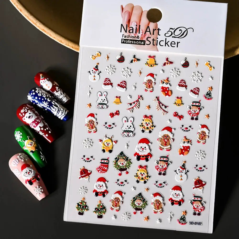 Winter Christmas nail sticker sheet featuring snowmen, snowflakes, Santa and trees; self-adhesive nail art decals