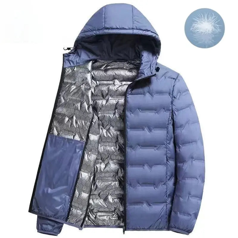Men's blue hooded duck-down puffer jacket, quilted exterior for warmth.