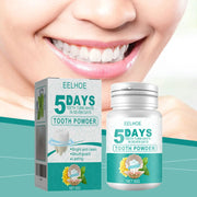 EELHOE 5 DAYS Tooth Powder box and bottle by Simples Market beside a smiling set of white teeth