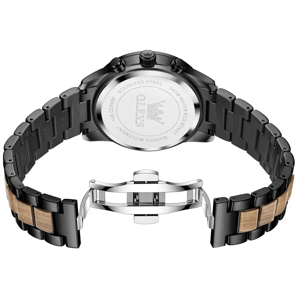 OLEVS men's watch with black stainless steel bracelet and wooden center links