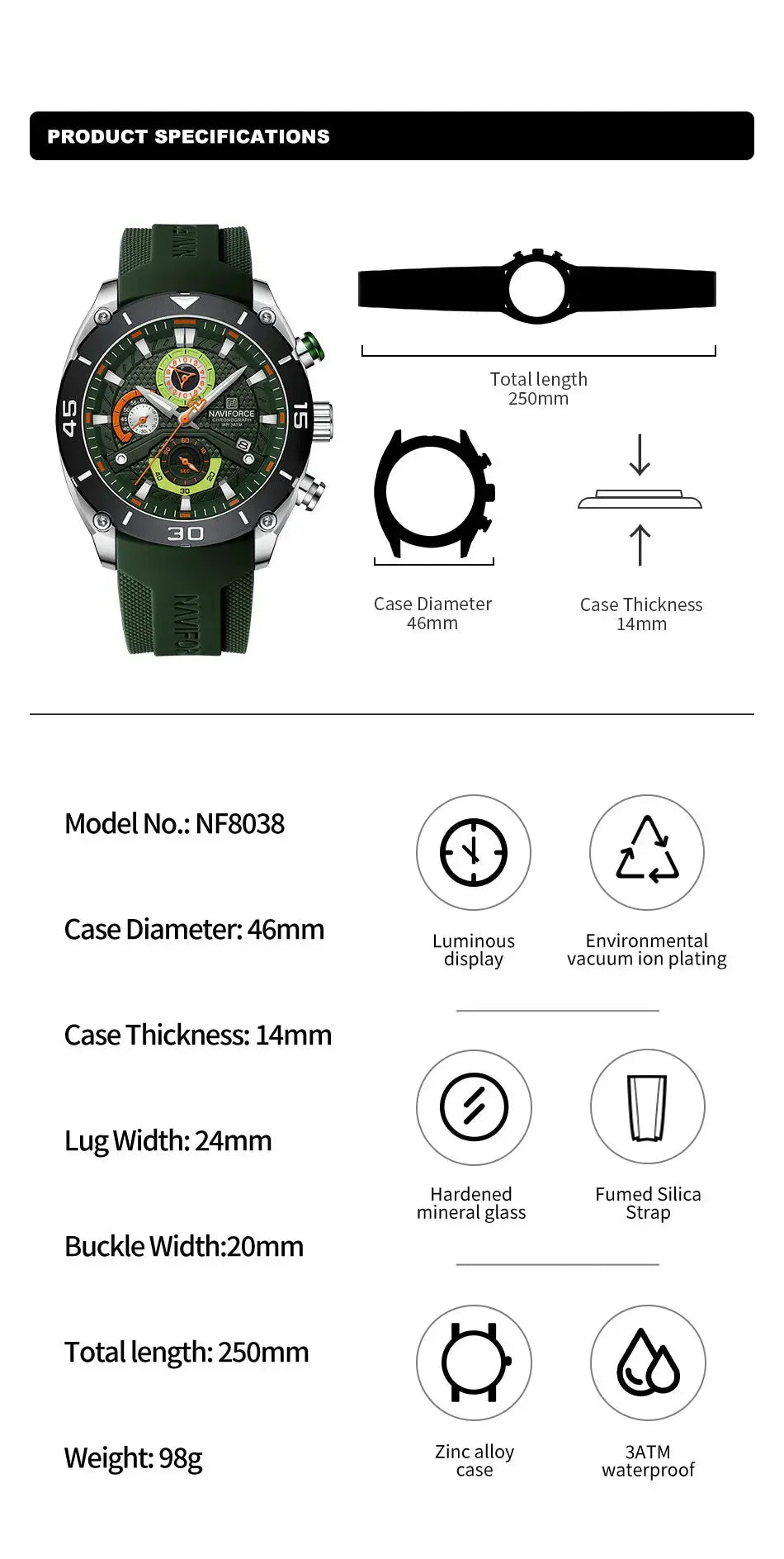 NAVIFORCE sport watch for men by Simples Market; green dial, green strap, luminous hands