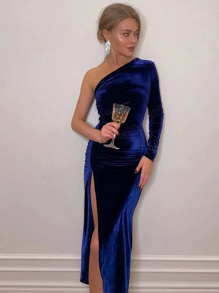 Velvetique Women Velvet Bodycon Midi Dress Elegant Long Sleeve Diagonal Collar And Split Pencil Hem