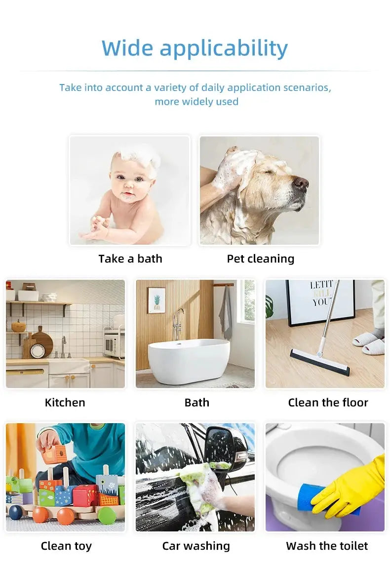 HOMEFISH electric foam dispenser gun by Simples Market; collage showing bath, pet cleaning, kitchen, floor and car wash