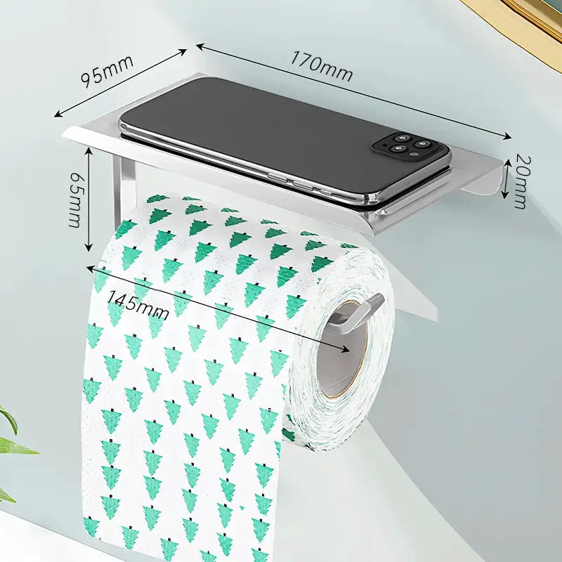 Wall-mounted aluminum alloy toilet paper holder with top shelf for phone, bathroom accessory.