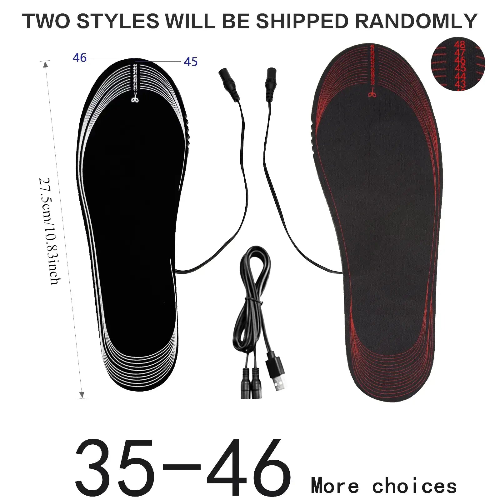 Two Simples Market USB heated insoles; black with white trim and red-edged, USB cable included