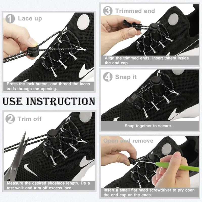 1 pair elastic no-tie shoelaces for sneakers, black round rubber laces with a step-by-step install guide.