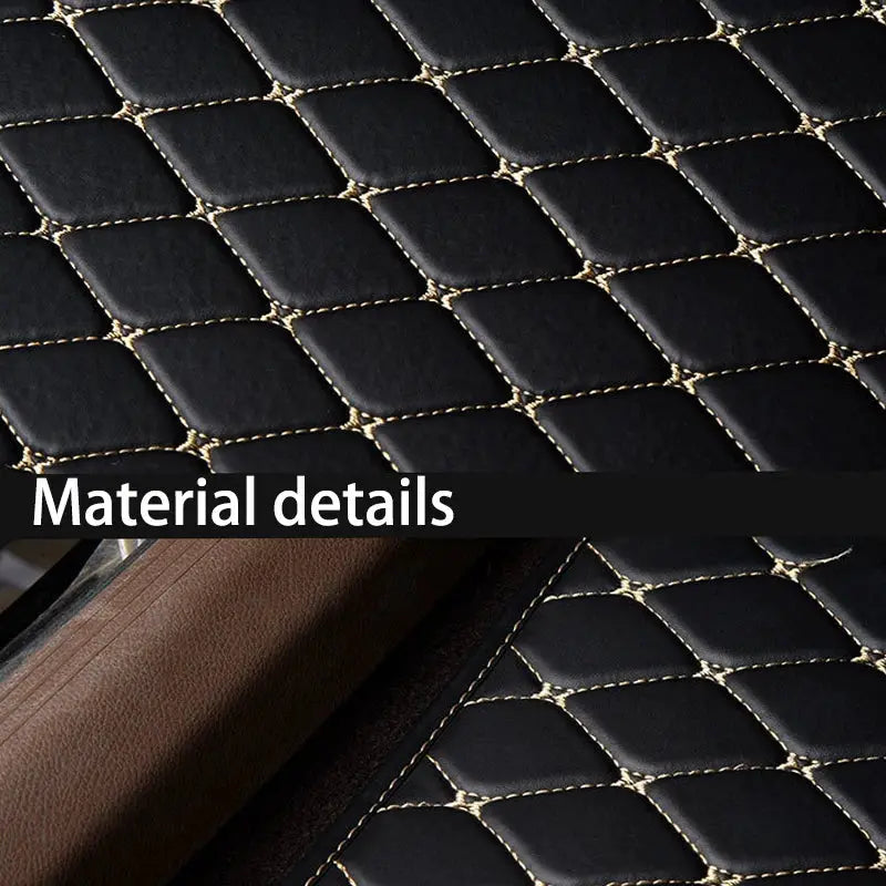 Car floor mats set by Simples Market, 5 pieces, black quilted PU leather with beige stitching.