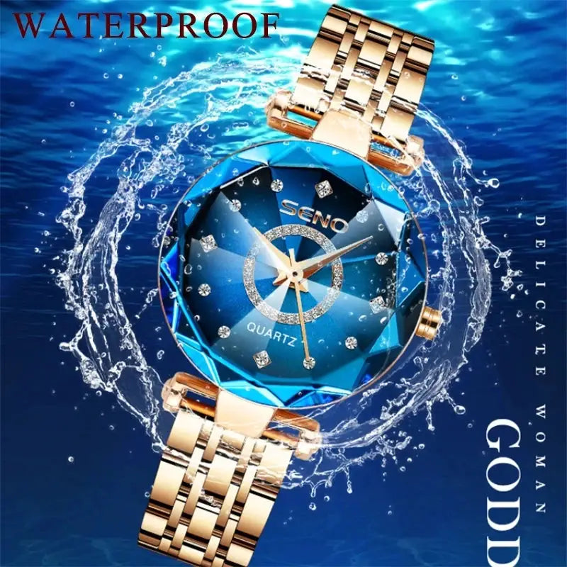 SENO Ocean Star Women Crystal Watch Rose Gold Bracelet Luxury Timepiece With Hardlex Window 2025