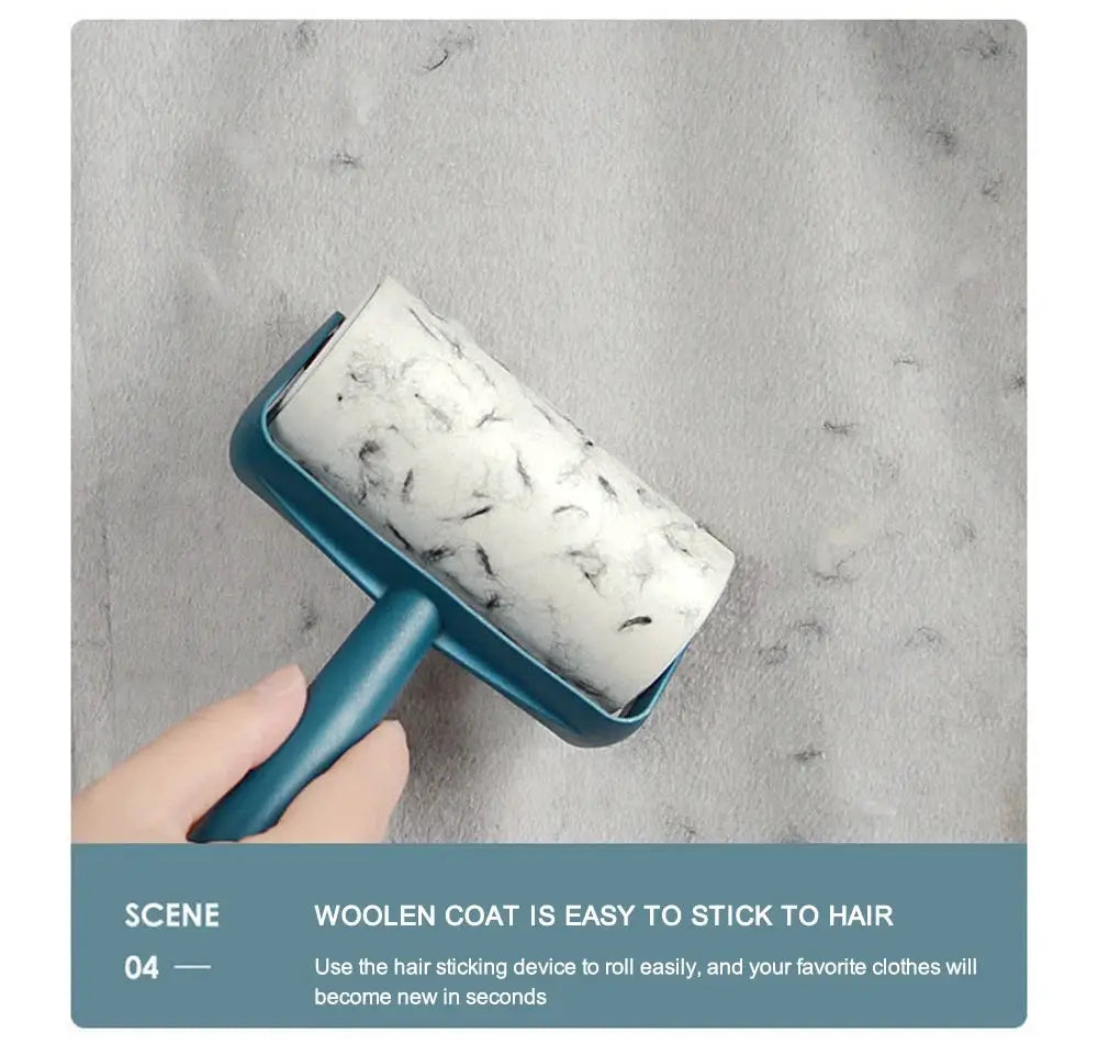 Blue handheld lint roller with white adhesive sheet for removing pet hair from clothes
