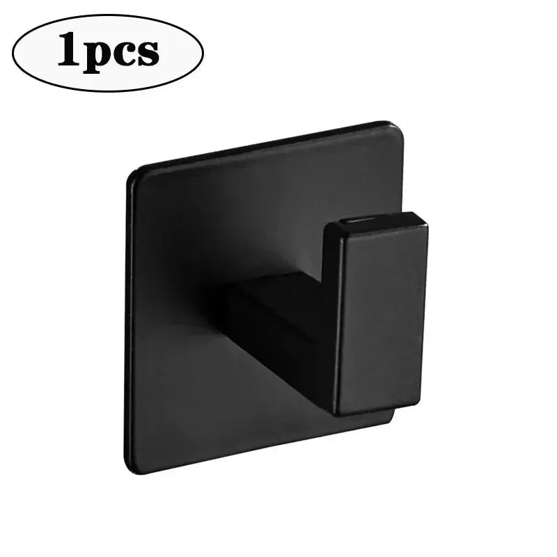Black adhesive wall robe hook with square backplate and rectangular hook