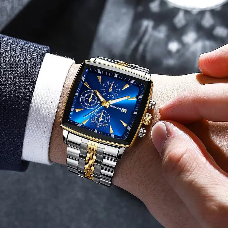Luxury square-dial men's quartz wristwatch with blue dial and two-tone stainless steel bracelet.