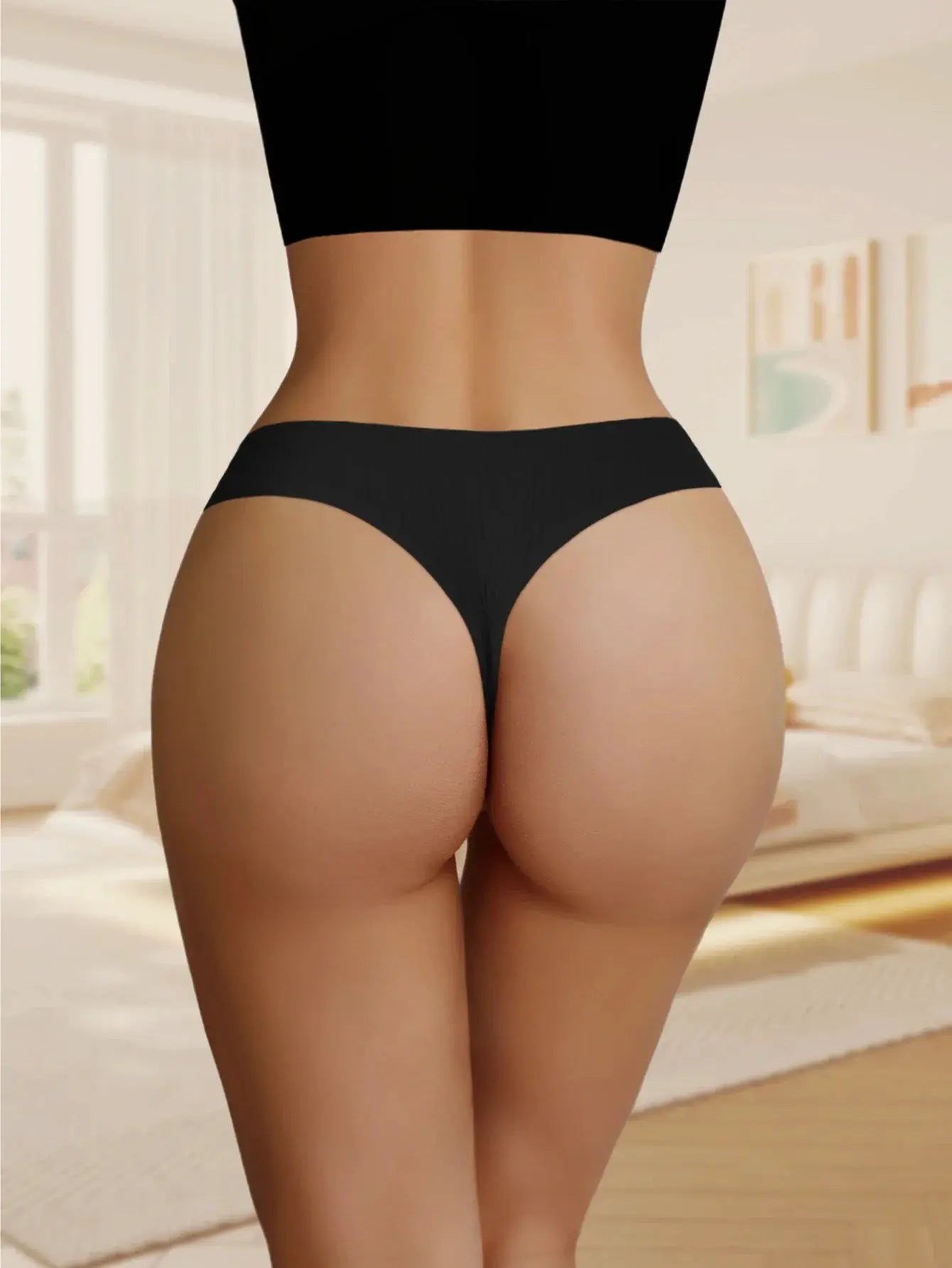 Women's black cotton thong underwear, back view, G-string style