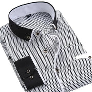 Men's floral button-down shirt by Simples Market, white with black micro-floral pattern, black collar and cuffs