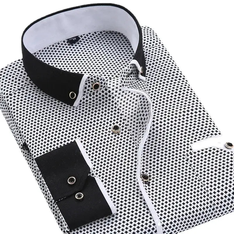 Men's floral button-down shirt by Simples Market, white with black micro-floral pattern, black collar and cuffs