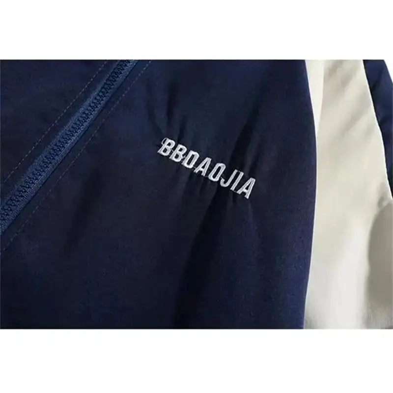 Hip Hop varsity jacket navy with white panel, zip front, embroidered BBDAOJA logo.