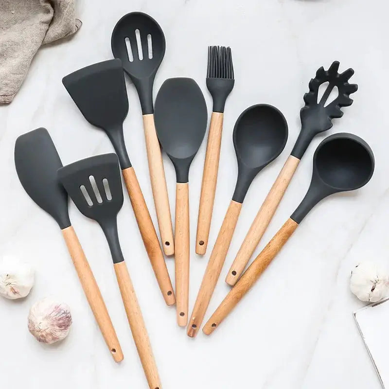 ChefGlow 12-Piece Silicone Kitchen Utensil Set With Nonstick Heat-Resistant Heads And Wooden Handles