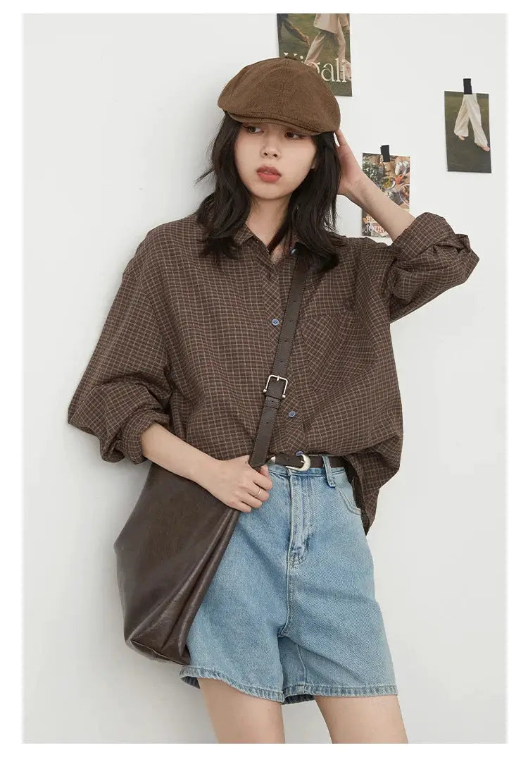 CHIC VEN brown plaid oversized shirt with button-front and blue buttons, loose casual fit