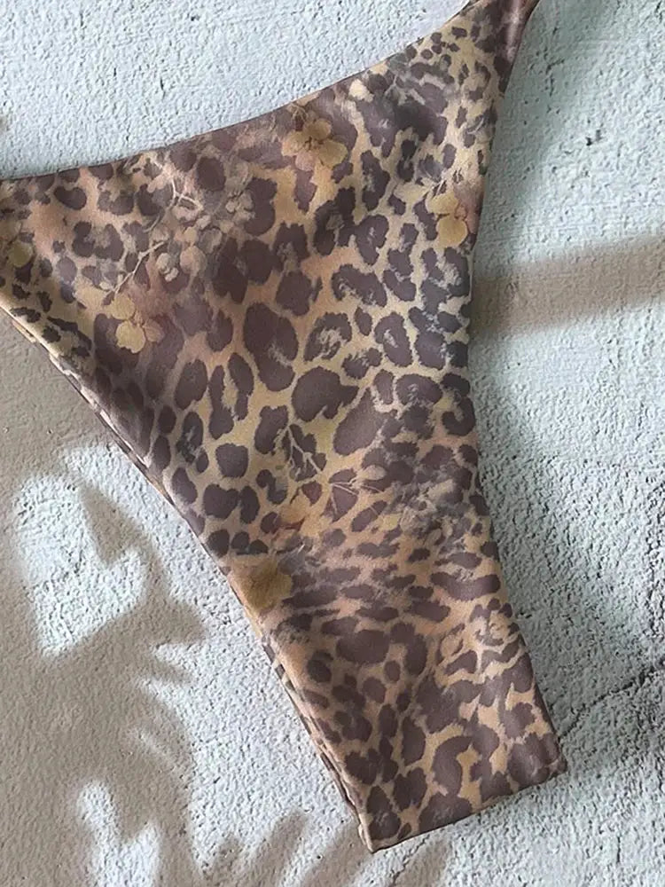 Leopard print bikini bottom in brown-tan fabric; women's swimwear