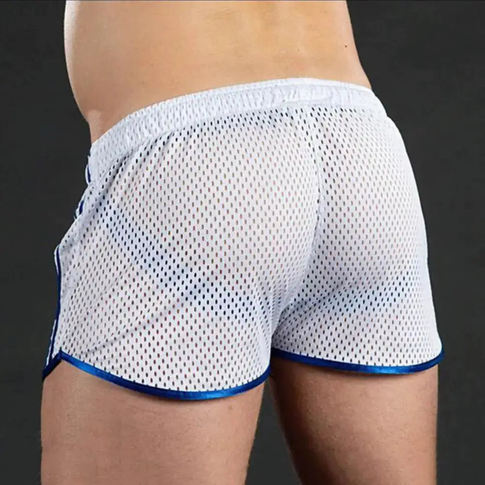 Men's white hollow-mesh shorts with blue trim, elastic drawstring waist, quick-dry gym shorts