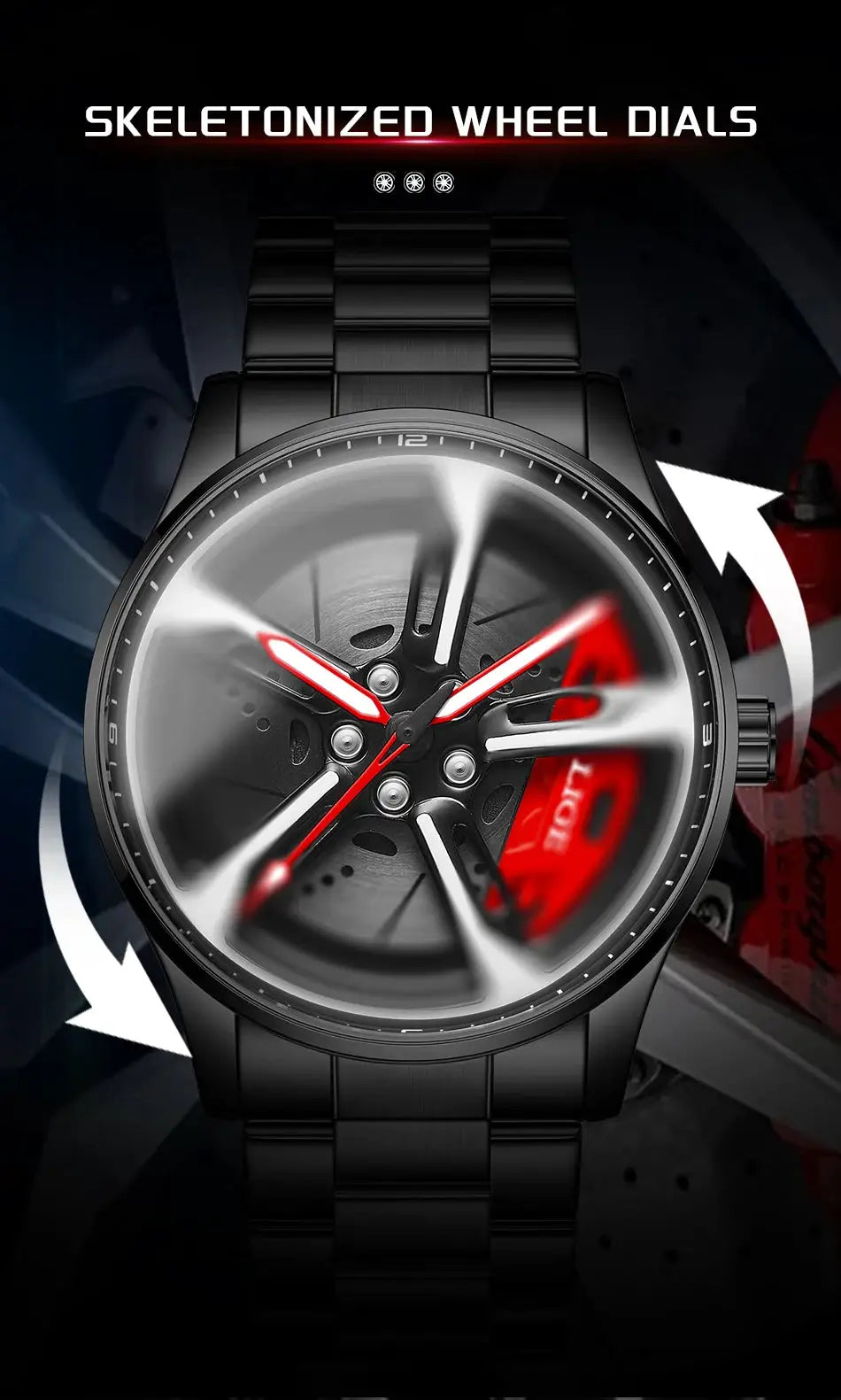 LIGE New Sport 3D wheel-rim skeleton dial watch with black stainless steel strap