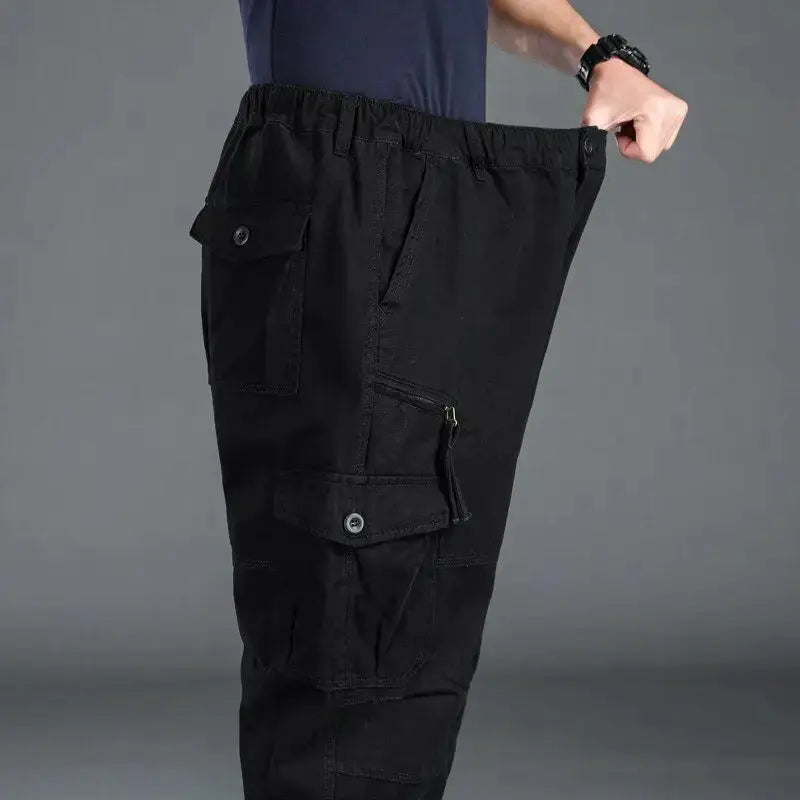 Men's black cotton tactical pants with elastic waistband and cargo pockets