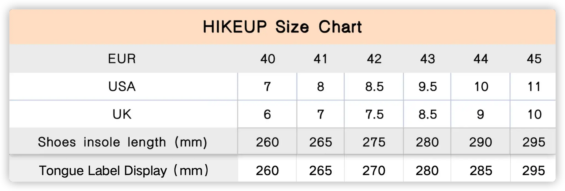 HIKEUP men's hiking shoes size chart; EU 40–45, US 7–11, UK 6–10, insole length 260–295 mm.