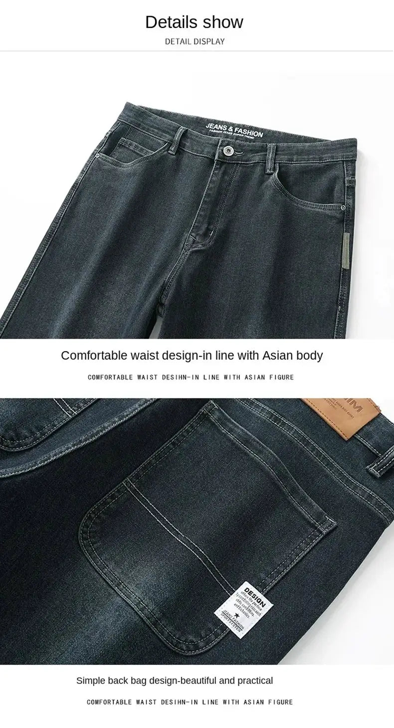 Men's dark denim baggy jeans with wide-leg fit and stretch fabric.