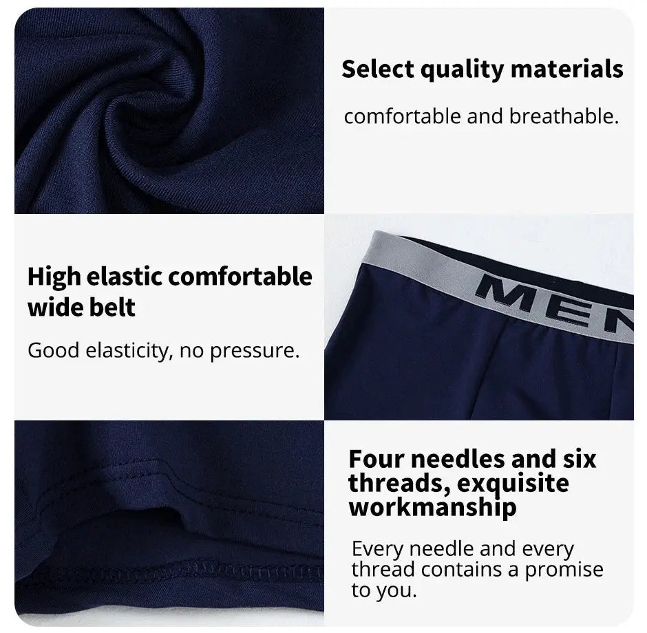 Men's navy boxer shorts with grey elastic waistband; breathable fabric and reinforced stitching