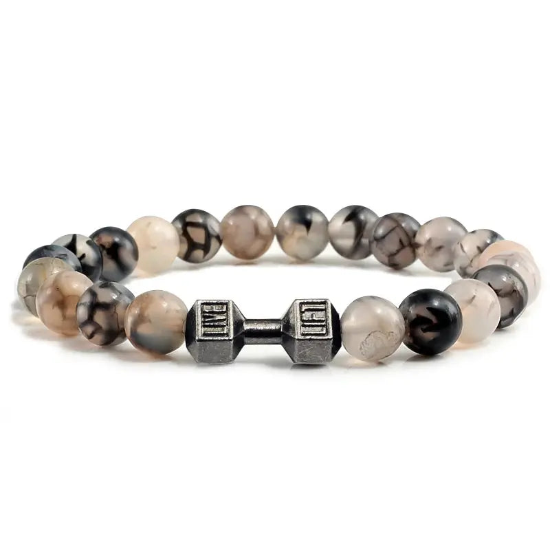 Natural Volcanic Stone Bracelet For Men And Women Matte Black Lava White Beads Dumbbell Charm Strand Fitness Jewelry
