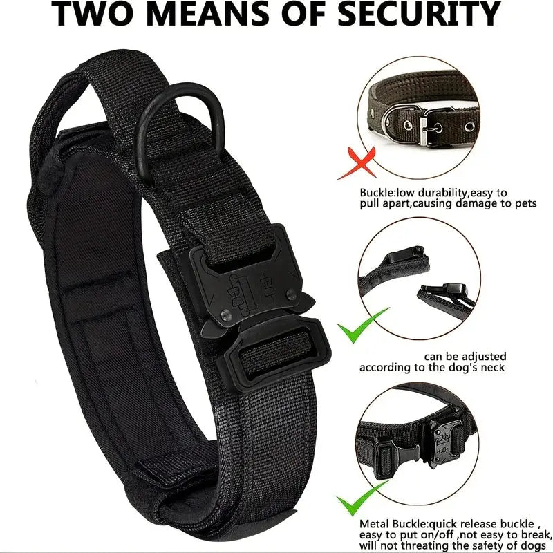 Simples Market Tactical Dog Collar, black adjustable nylon with control handle and heavy metal buckle.