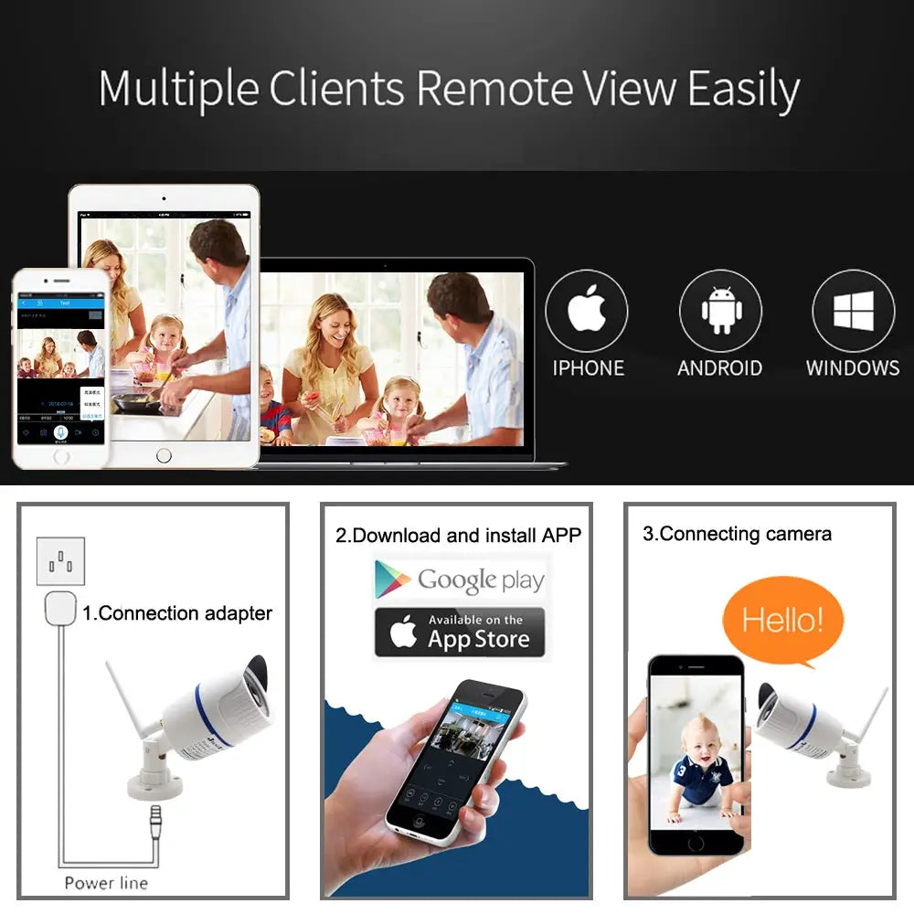 Camhipro IP camera system, outdoor wifi CCTV with night vision (5MP/4MP/1080P); streams to iPhone, Android and Windows.