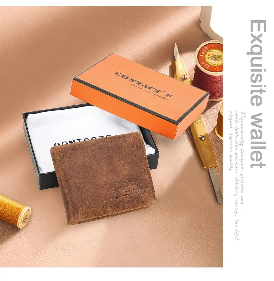 Wallet by CONTACT'S brown Crazy Horse leather, vintage trifold with zip coin pocket, sturdy cowhide build.
