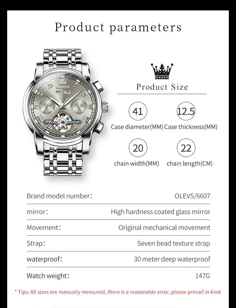 OLEVS 6607 stainless steel skeleton automatic men's wristwatch with flywheel and dual calendar.