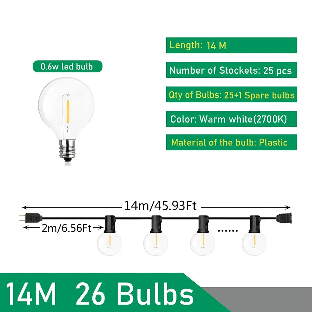 Dual Voltage 110V 220V Outdoor LED G40 Festoon Fairy String Lights For Patio Garden Wedding Street Party Decoration
