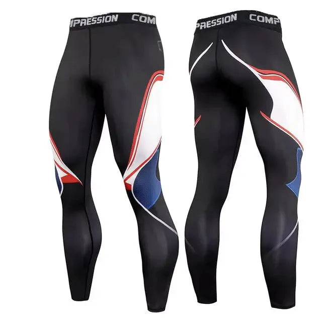 Simples Market men's compression pants with black base and red-white-blue graphic panels, front and back views.