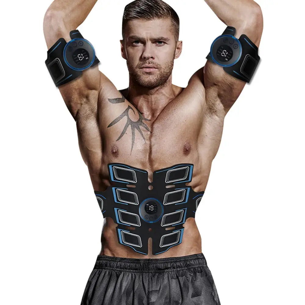 USB rechargeable abdominal trainer belt with two wrist units by Simples Market, black with blue panel accents