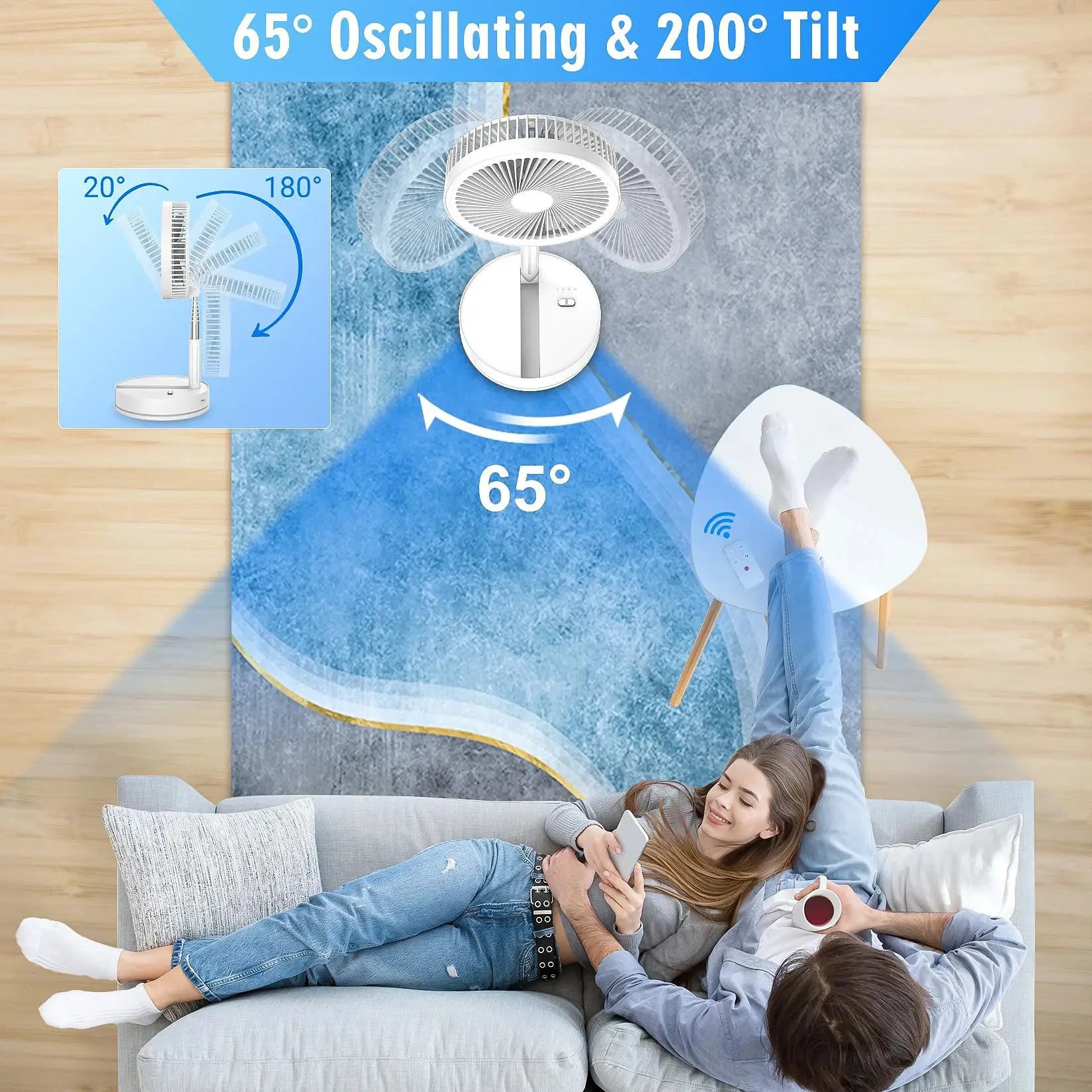 Simples Market white 7200mAh telescopic foldable fan; wireless USB rechargeable, height adjustable, portable outdoor use