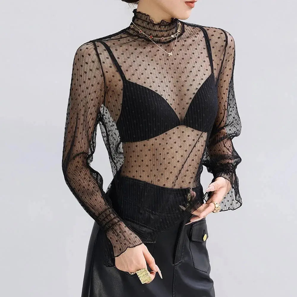 Sexy Women Mesh T-Shirts black sheer long-sleeve blouse with polka-dot mesh, Simples Market