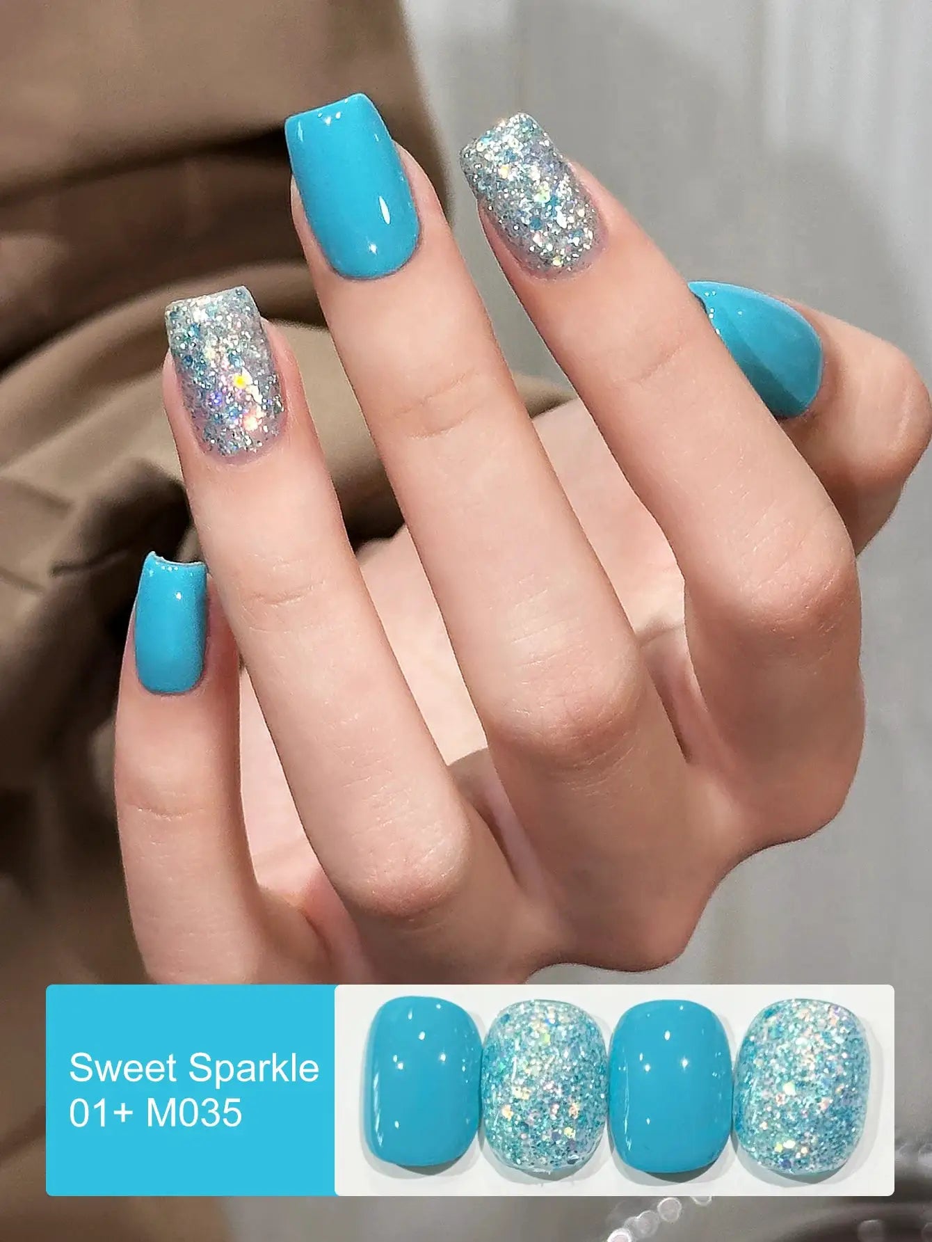 Nail art gel set by Simples Market; turquoise solid color nails with glitter sequins.