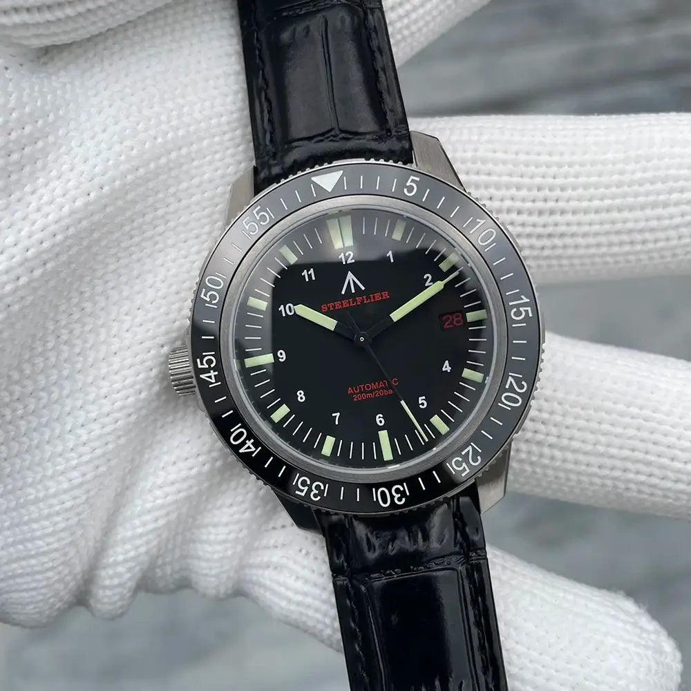 STEELFLIER SF783 NH35 automatic dive watch with black dial, ceramic bezel, and black leather strap