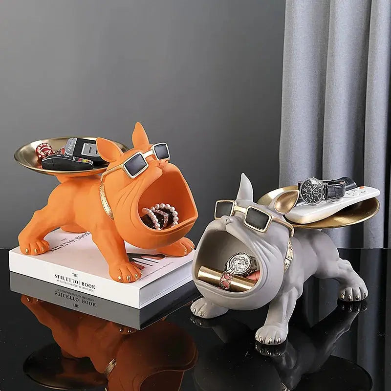Pair of resin bulldog statues with back storage trays; orange and gray with gold-tone trays, Simples Market home decor