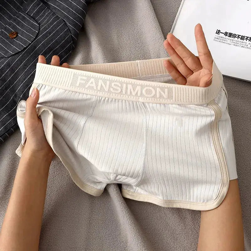 Men's white striped boxer shorts underwear with beige trim waistband