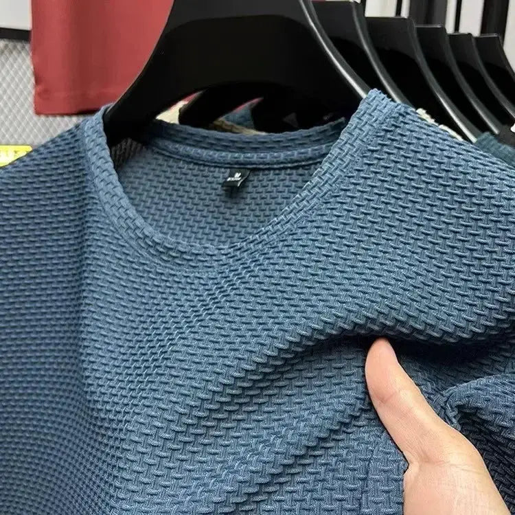 Mens Short Sleeve Mesh Bamboo Ice Silk T Shirt Casual Versatile Summer Elastic Slimming Top For Men