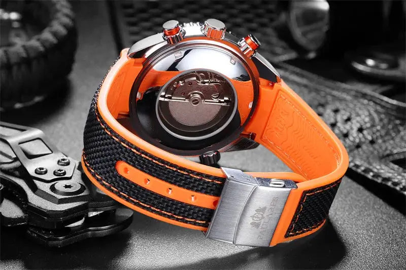 PAULAREIS P luxury men's automatic watch with orange rubber strap and black fabric band, stainless steel case back