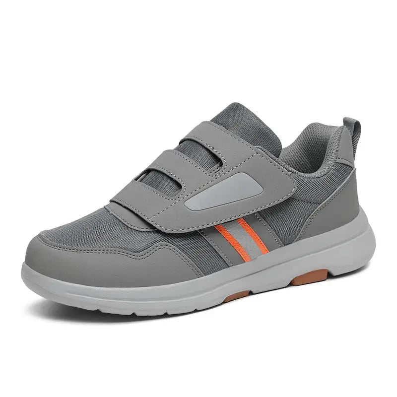 Simples Market wide-toe grey sneakers with two Velcro straps and orange side accents