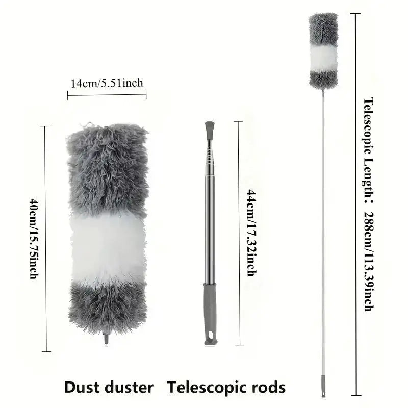 Three-piece duster set with extension rod and telescopic brush; grey microfiber head and metal rod for ceiling cleaning