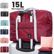 Simples Market foldable travel duffel bag 15L carry-on in maroon with white straps, shown in 7 color options.